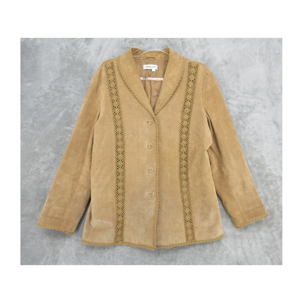 Coldwater Creek Jacket Womens Size L Suede Leather Crochet Trim Boho Western Tan